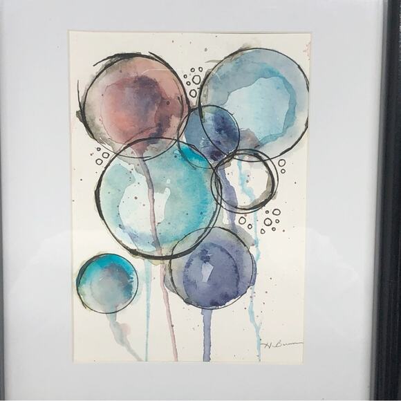 Original Artwork Framed Loose Watercolor Floral Bubble Art Painting by H. Barrow - Picture 2 of 5